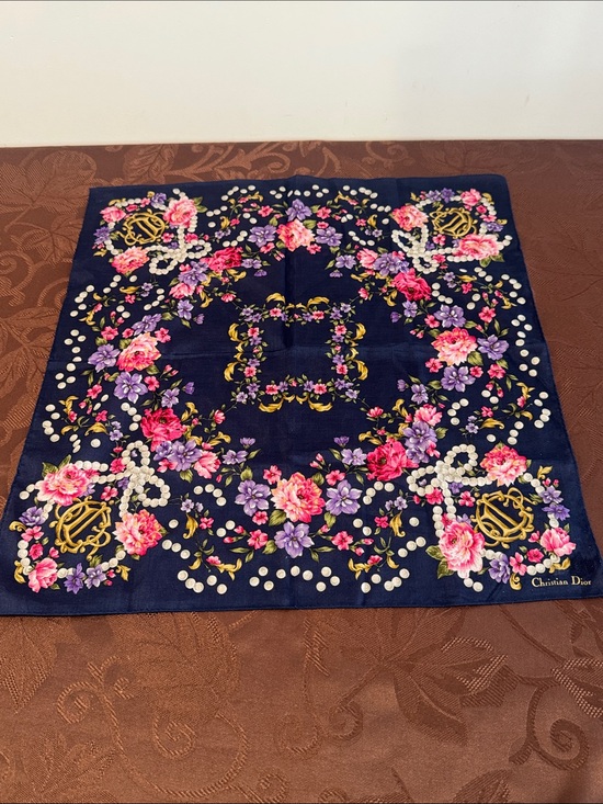 Dior Accessories - Christian Dior Navy Floral Handkerchief with Pink & Purple Blooms